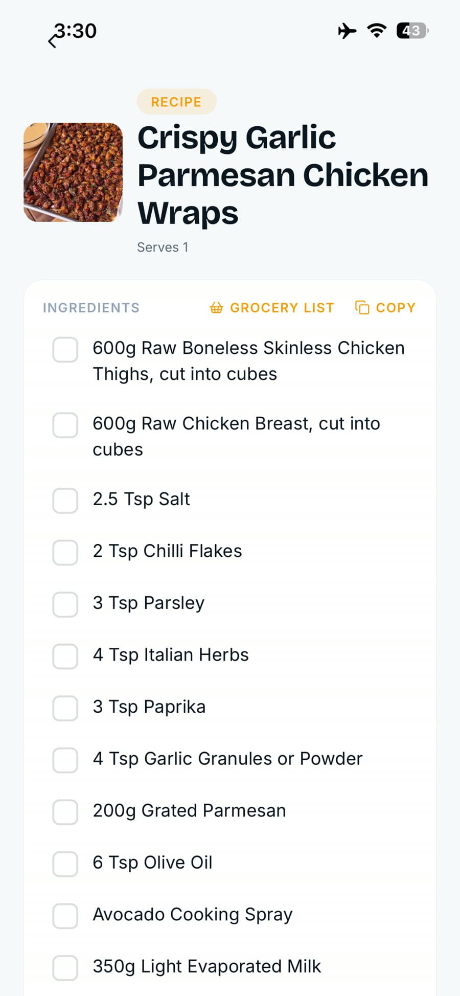 The extracted recipe in Recola: Crispy Garlic Parmesan Chicken Wraps with a full ingredient checklist