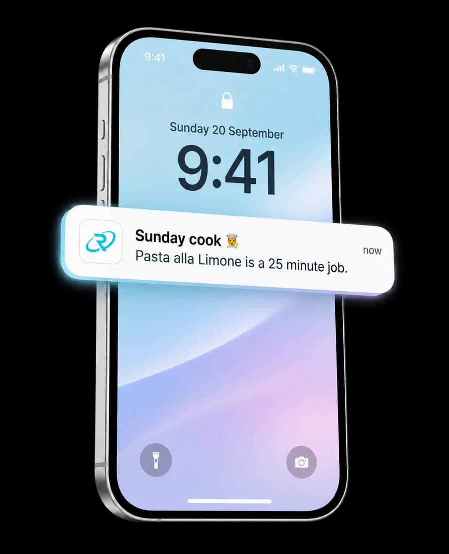 A Recola reminder on the lock screen: Sunday cook, Pasta alla Limone is a 25 minute job