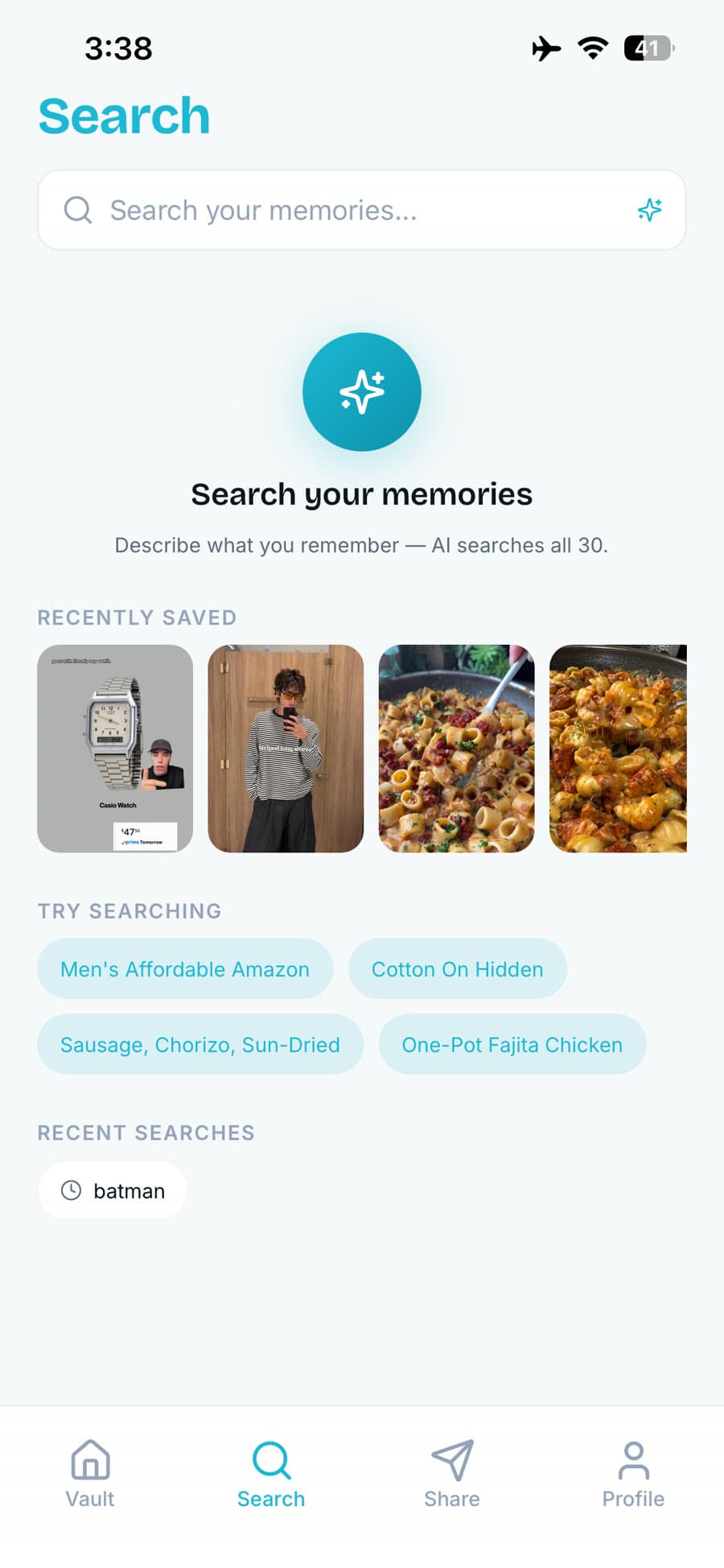 Recola's AI search screen — describe what you remember and it searches every saved memory