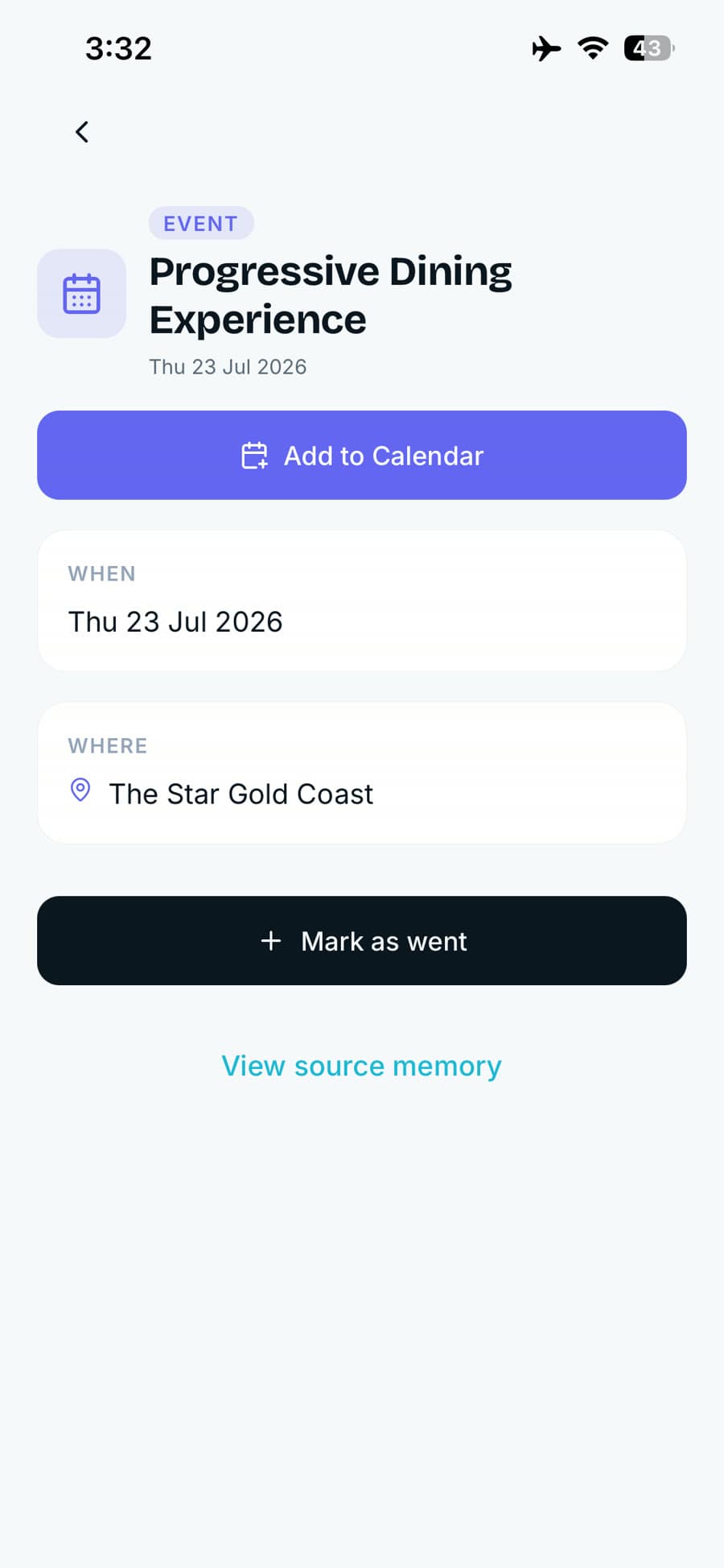 An event in Recola with its date, venue and an Add to Calendar button