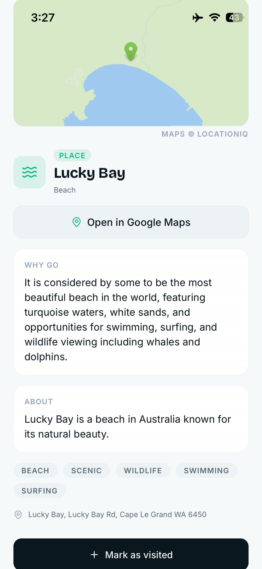 A place in Recola — Lucky Bay with a map, why-go notes and an Open in Google Maps button