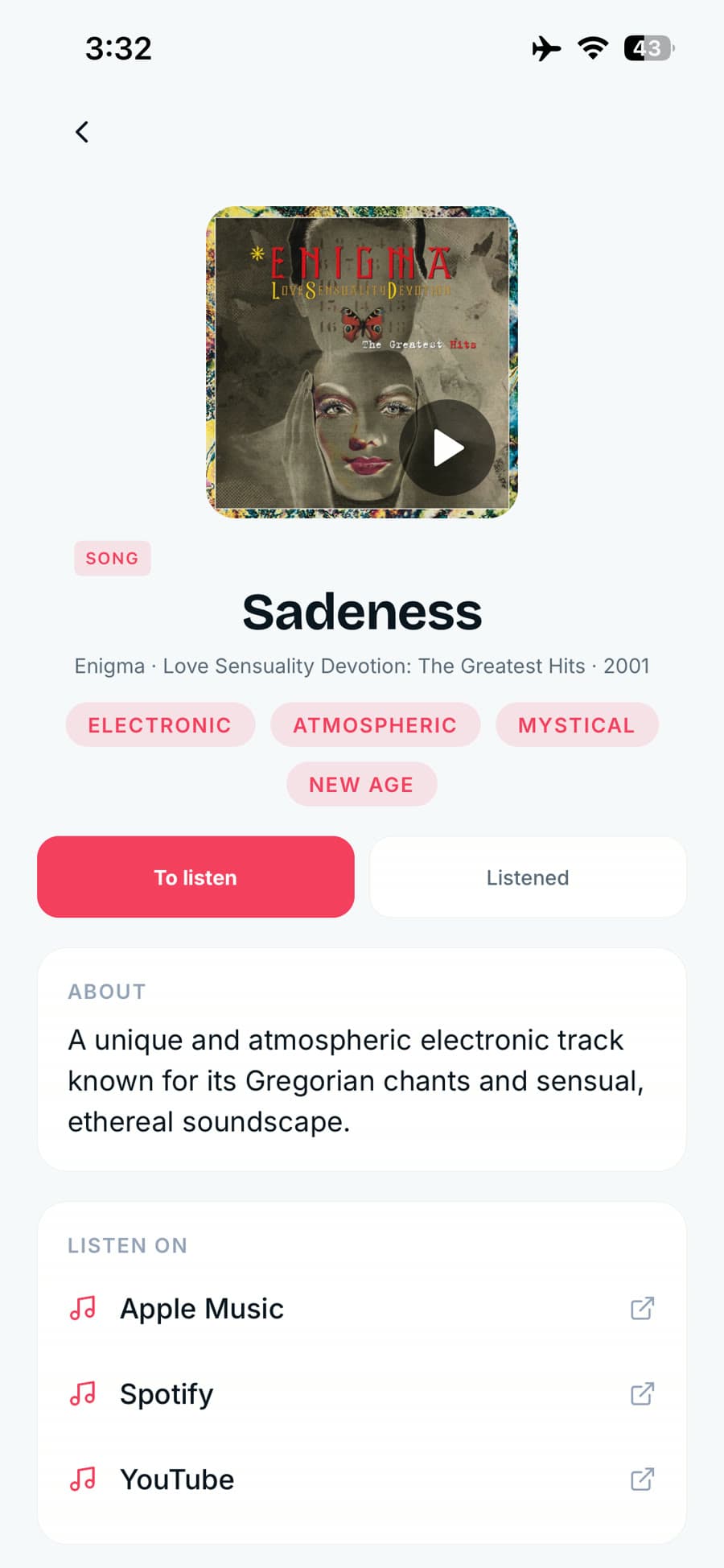 A song in Recola — identified from the clip, with Apple Music, Spotify and YouTube links