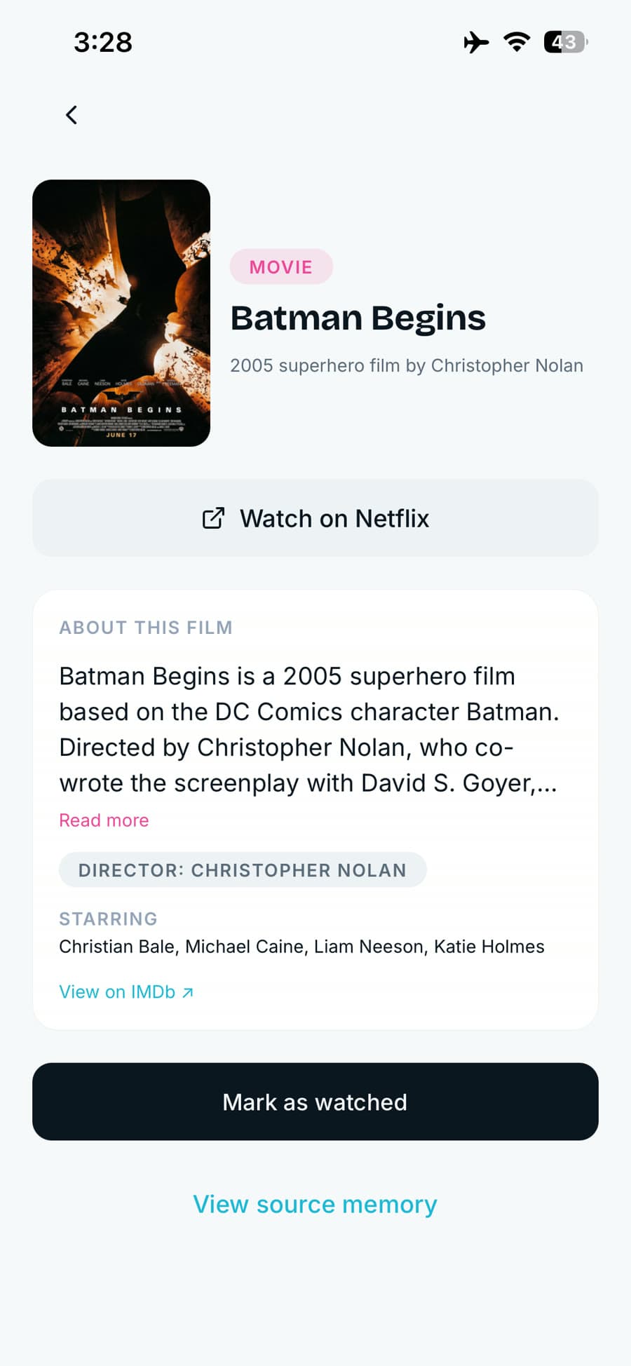 A film in Recola's watchlist — Batman Begins with a Watch on Netflix button
