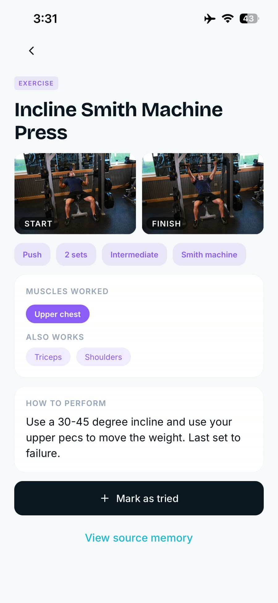 A workout in Recola — Incline Smith Machine Press with start and finish photos and muscles worked